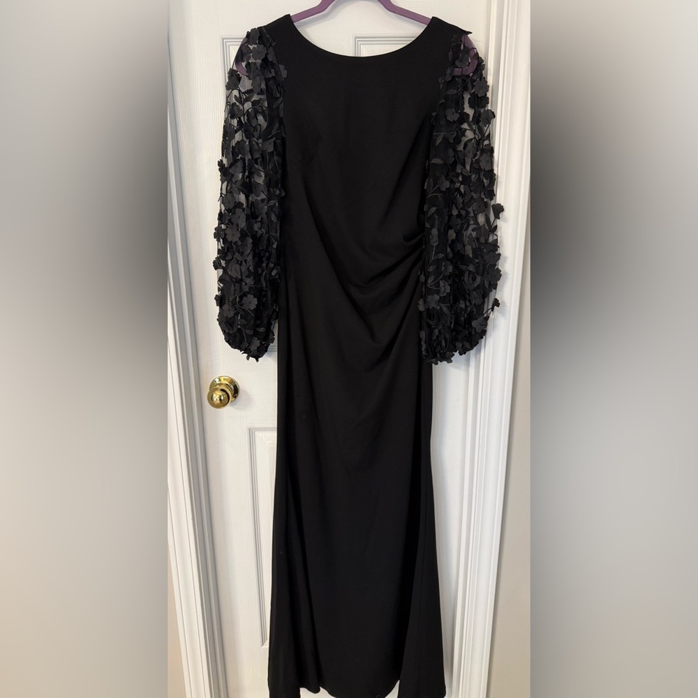 Eliza J Black Midi Dress with 3D Floral Sheer Sleeves – Size 6